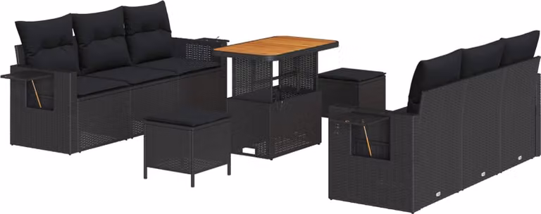 Set Divano da Giardino con cuscino 9 pcs Nero polyrattan