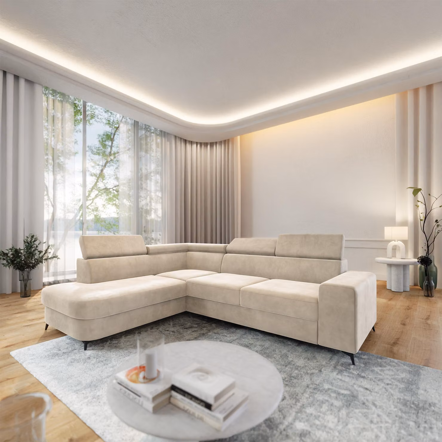 Divano angolare Masseno ALVORO L-S con funzione letto a L, divano con box letto, divano da salotto, divano, divano letto, set divano crema, MONOLITH 04