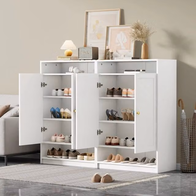 Scarpiera moderna con 2 ante e ripiani regolabili in MDF bianco opaco per ingresso, L: 146 cm, P: 34 cm, H: 109 cm