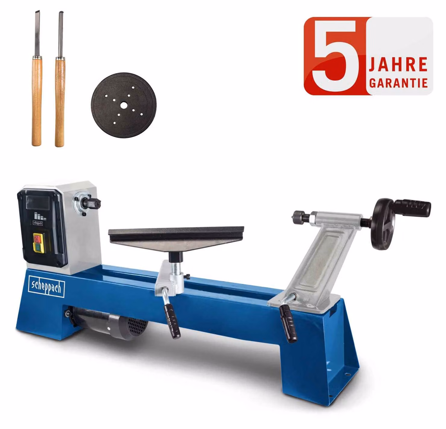 Tornio Scheppach DM500T | 400W | 4 velocità da 800-2600 min-1 | pezzi di lunghezza massima 500mm / 350mm Ø | filettatura M18 incl. punto centrale a 4 punte