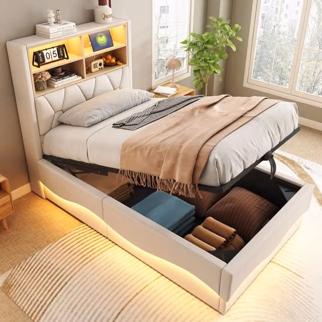 Letto per bambini 90 × 200 cm con contenitore idraulico metallo lino beige LED controllabile tramite app e USB