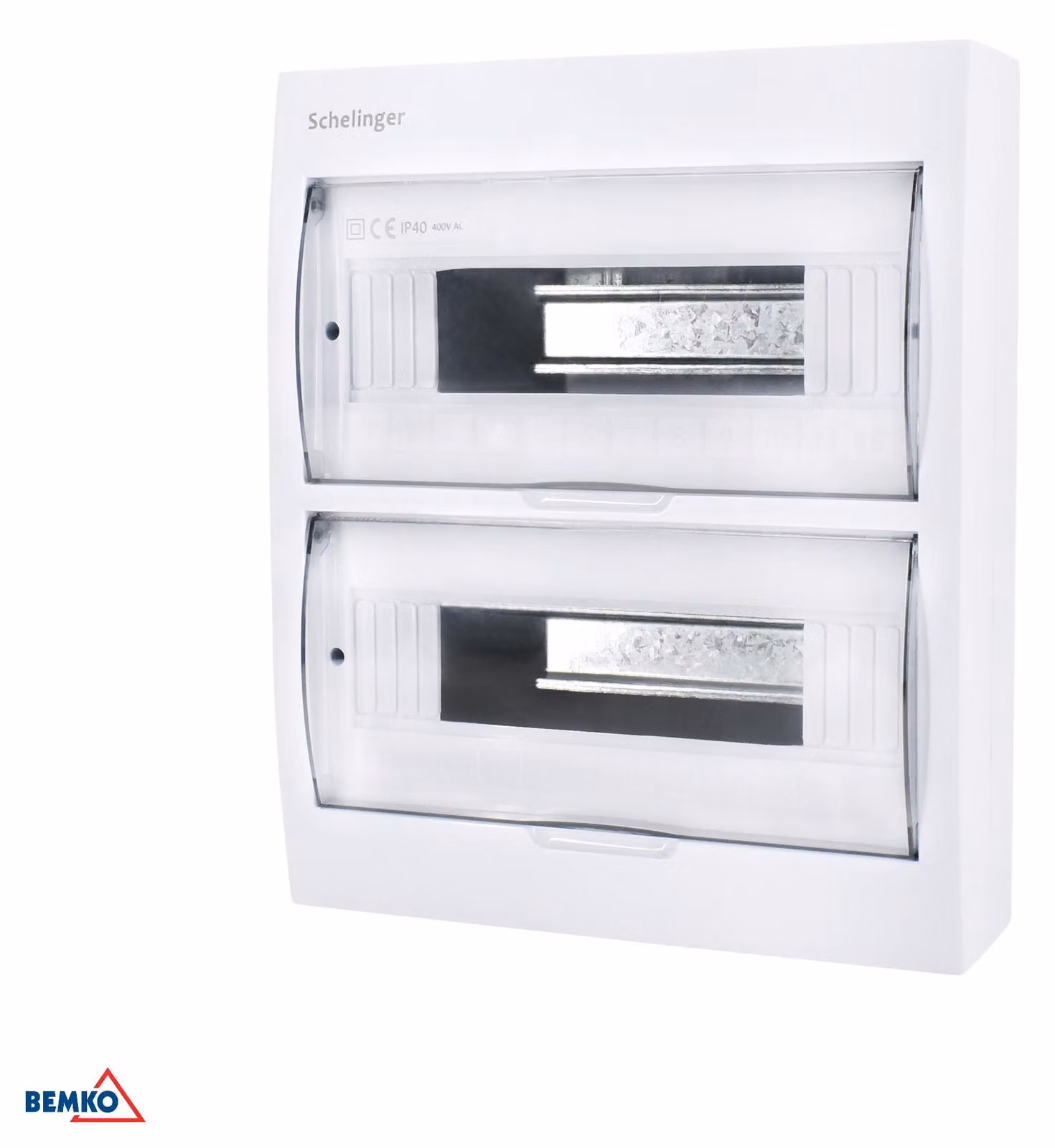 Quadro di distribuzione a parete, grado di protezione IP40, con 2 file da 12 moduli, dotato di 24 morsetti di fase (N) e 24 morsetti di terra (PE)