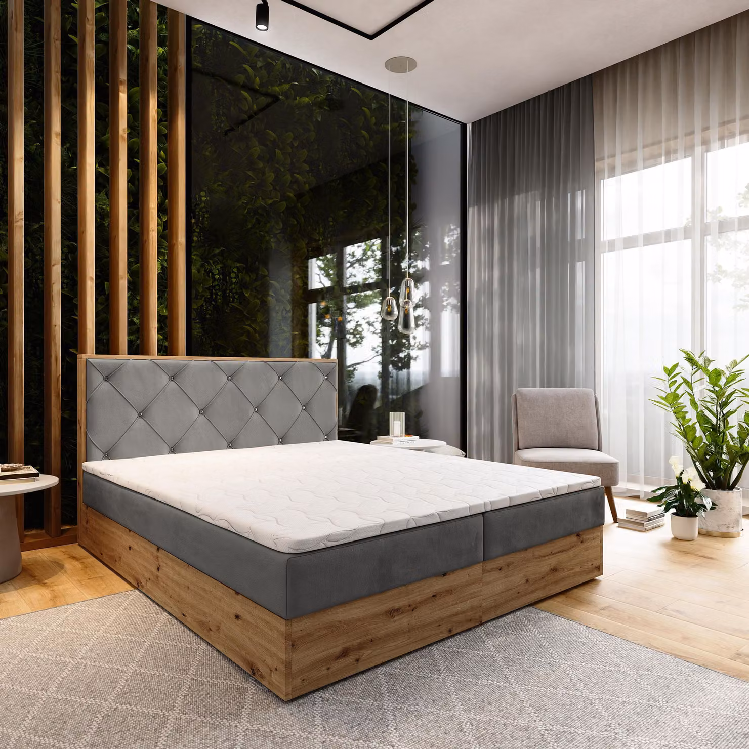 Letto a molle Masseno FOSCO 140x200 cm completo di materasso e topper Bonell, letto imbottito con cassettiera - grigio, KRONOS 15