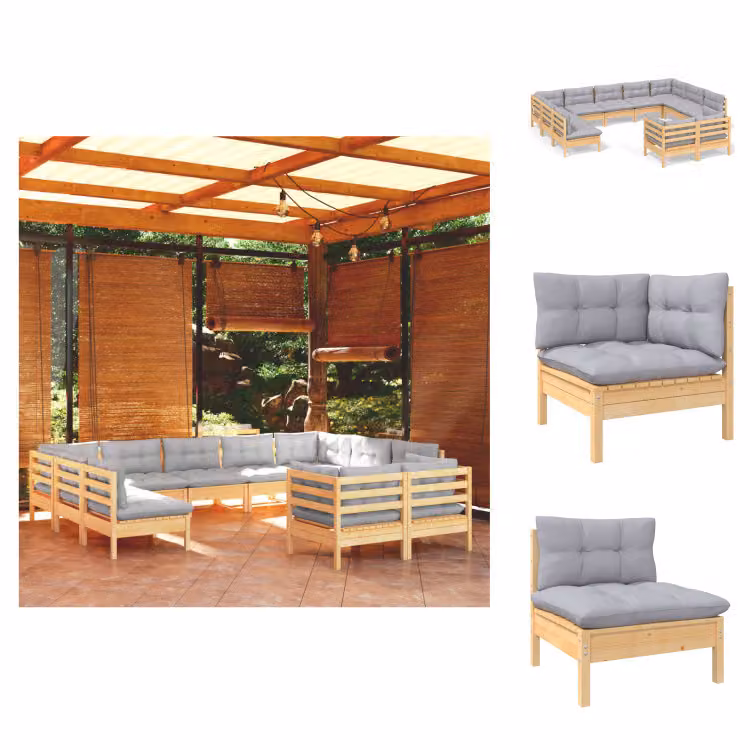 vidaXL set salotto da giardino 11 pezzi con cuscini grigi in pino massiccio - Set di mobili da giardino