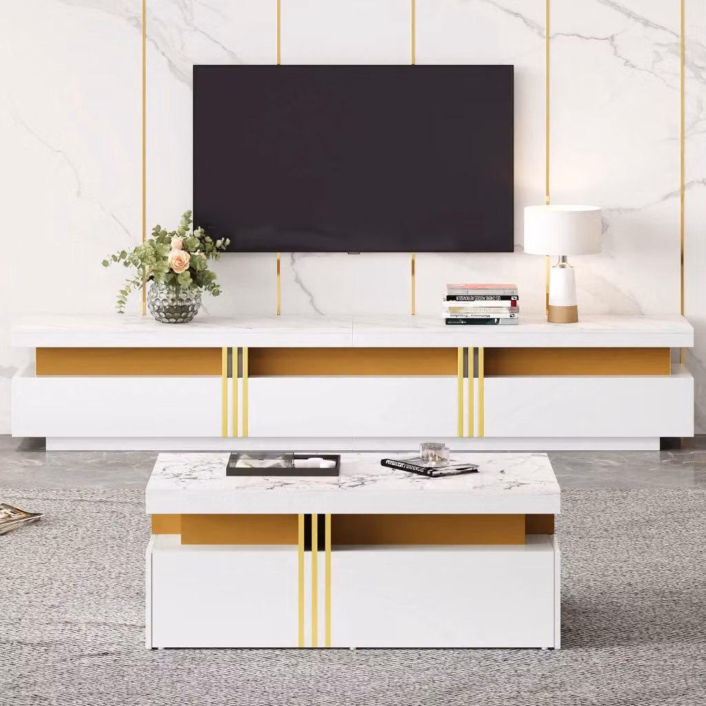 Mobile TV da parete e tavolino Chicfurn con vani contenitivi e cassetti, design moderno in MDF e metallo, finitura bianca lucida e dettagli oro per il tuo soggiorno – 2