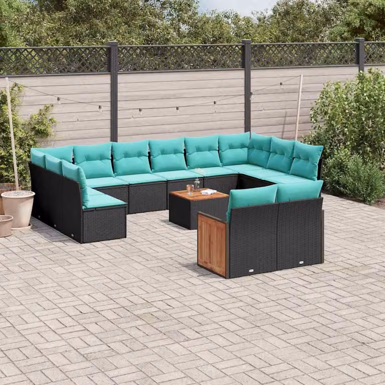 Set di divani da giardino vidaXL 13 pezzi in polyrattan nero con cuscini e tavolino da esterno a forma di U