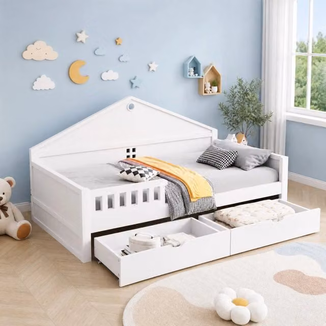 Letto singolo 90 × 200 cm con illuminazione led e due cassetti in legno di pino e MDF bianco
