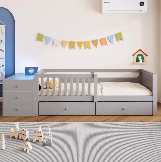 Letto a soppalco 90 x 200 cm con contenitore indipendente; presa integrata e LED; grigio