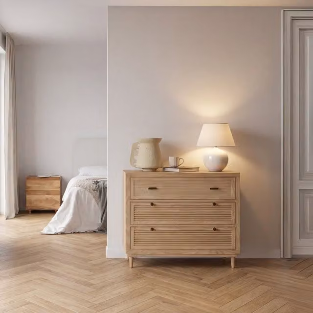 Comodino Venice Banak in legno e metallo stile scandinavo colore beige e sabbia