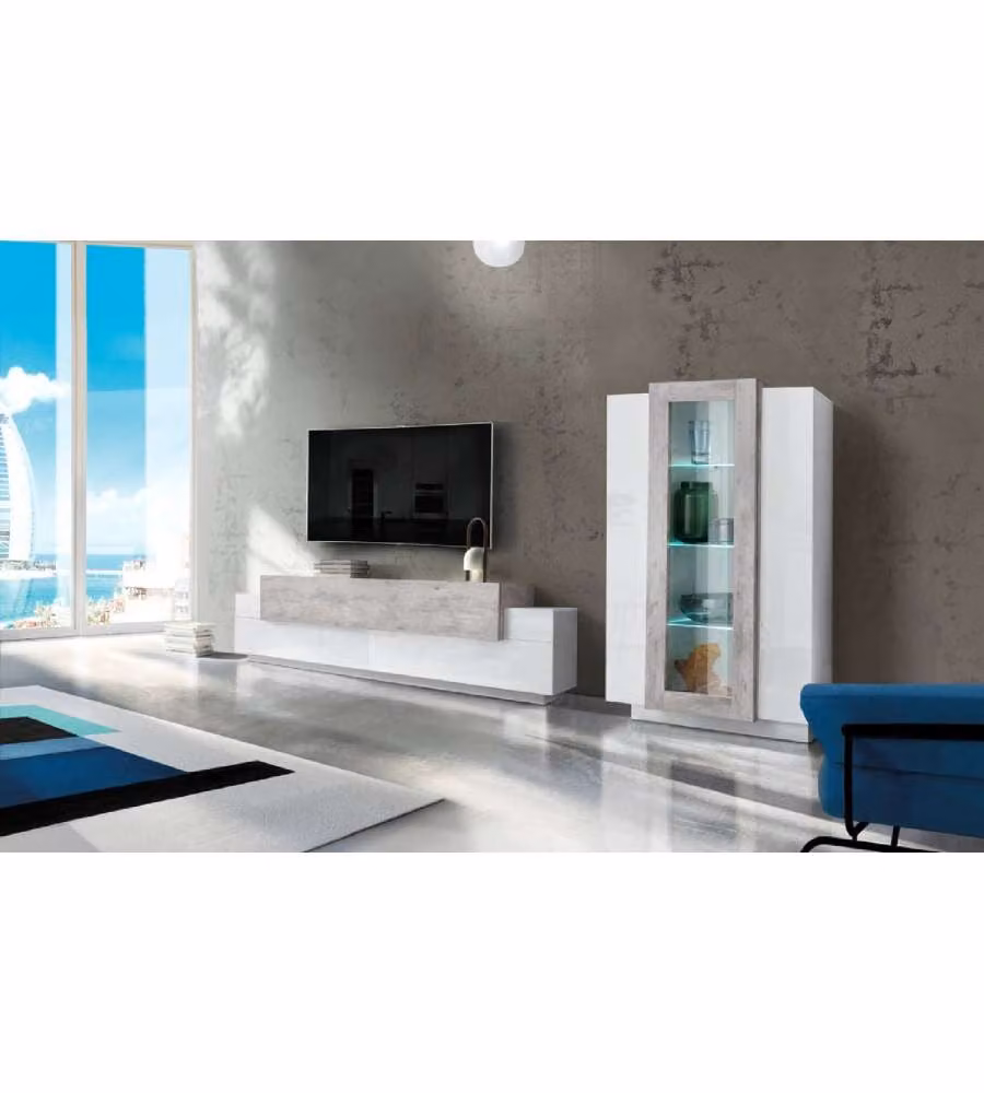 Soggiorno Corona Porta Tv + Vetrina Bianco Lucido E Cemento