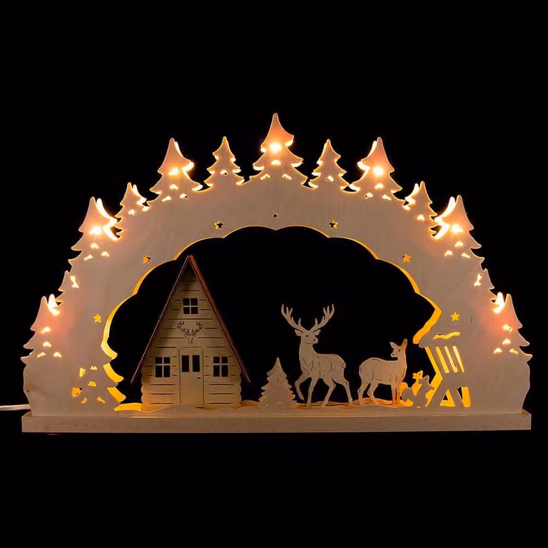 Arco di luci casa foresta e cervi illuminazione LED naturale LxHxP 52x32x4,5cm NUOVO