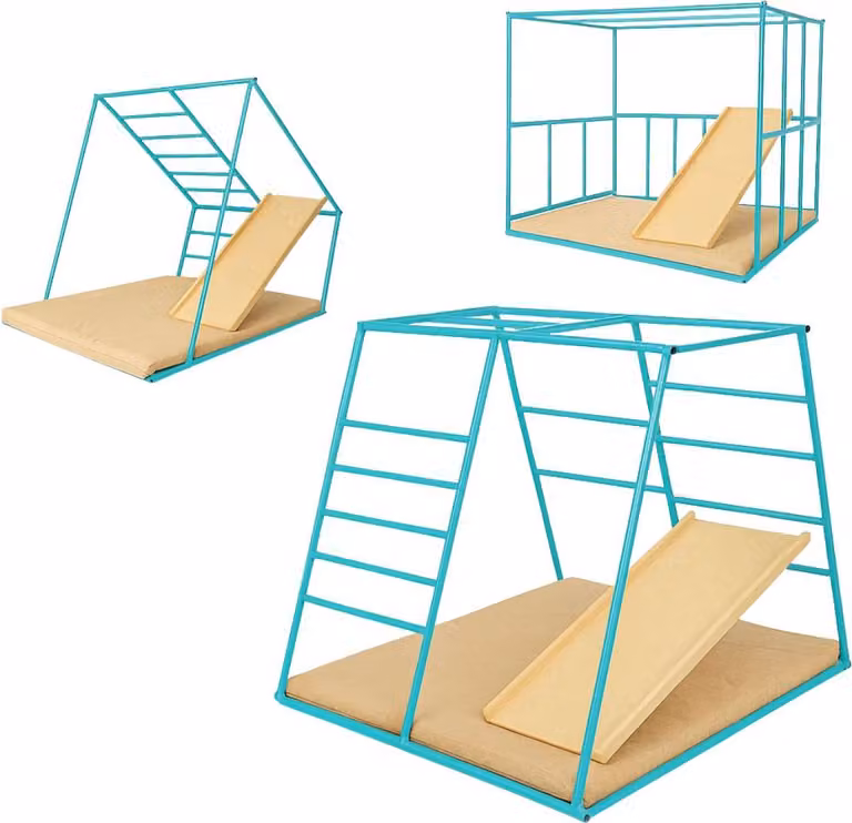 Parco giochi per interni, struttura di arrampicata in metallo per bambini, scivolo per bambini, barre a muro, parete di arrampicata, struttura di arrampicata per la stanza dei bambini