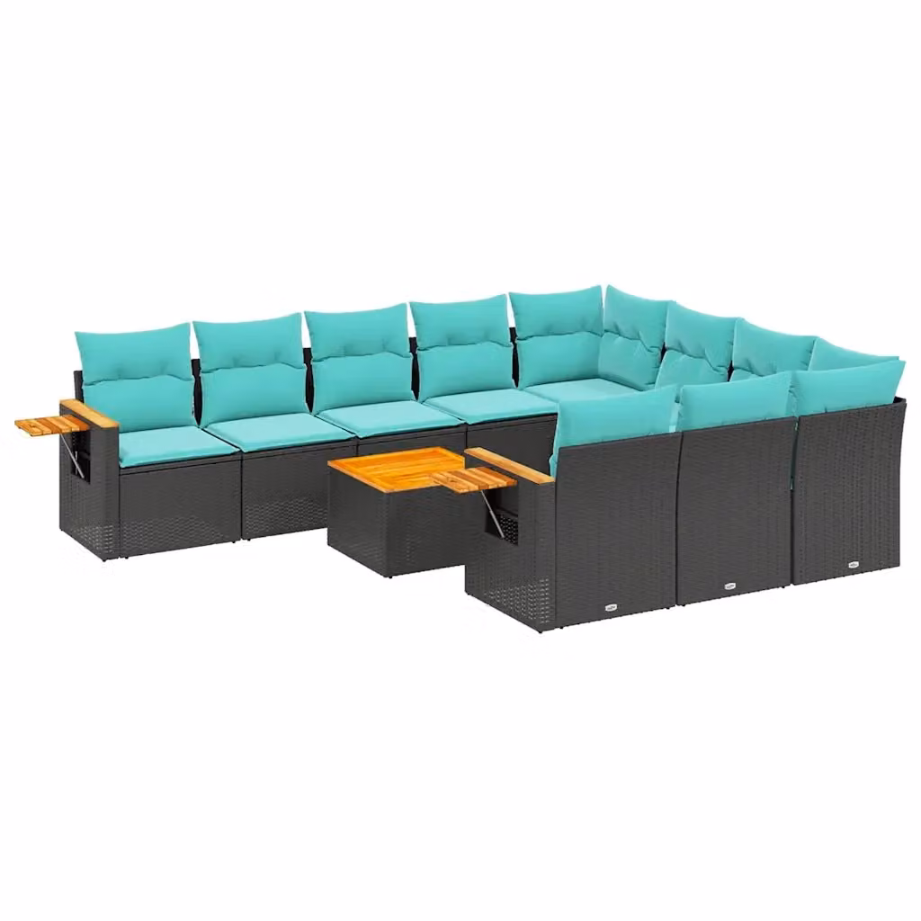 vidaXL Set Divani da Giardino 11 pz a Forma a L in Polyrattan Nero con Cuscini Blu e Coperture Rimovibili – 2