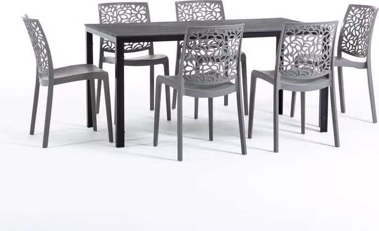 Set da pranzo per esterni con tavolo rettangolare 156x78 cm e 6 sedie impilabili in resina rinforzata con fibra di vetro - design moderno in look legno, ideale per giardino, terrazza e aree esterne coperte - THOMAS+ANNA - Grigio scuro/antracite