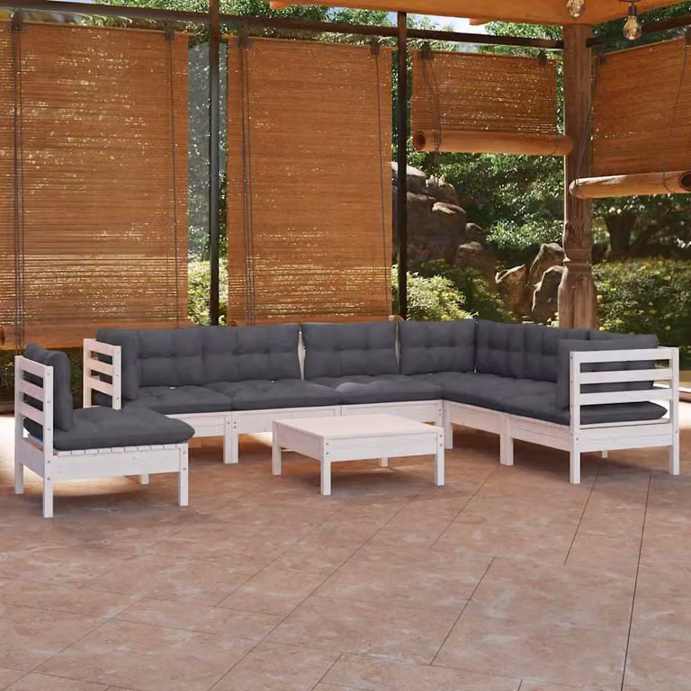 Set Divani da Giardino vidaXL a Forma di L in Legno di Pino con Cuscini Bianchi e Antracite