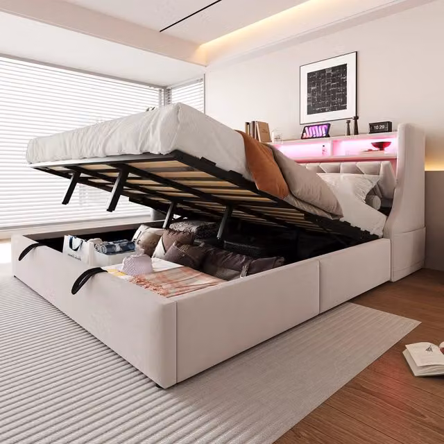 Letto imbottito contenitore 180x200 ¨C Minimal ¨C velluto beige con led testiera idraulico