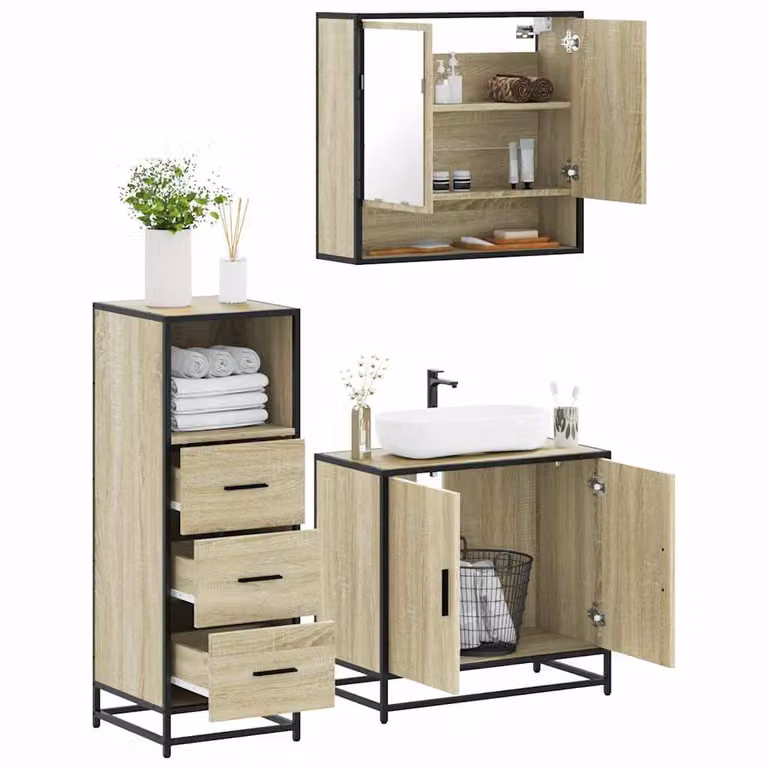 Set di mobili da bagno 3 pezzi vidaXL in stile industriale color rovere con armadietto specchiato, mobile lavabo e mobile laterale