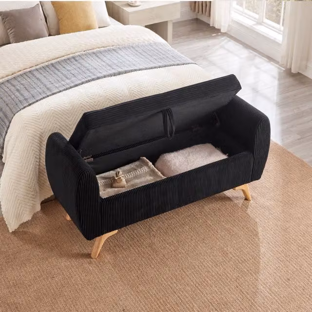 Panca contenitore pieghevole OKWISH in velluto a coste nero con gambe in legno per camera da letto, soggiorno o ingresso
