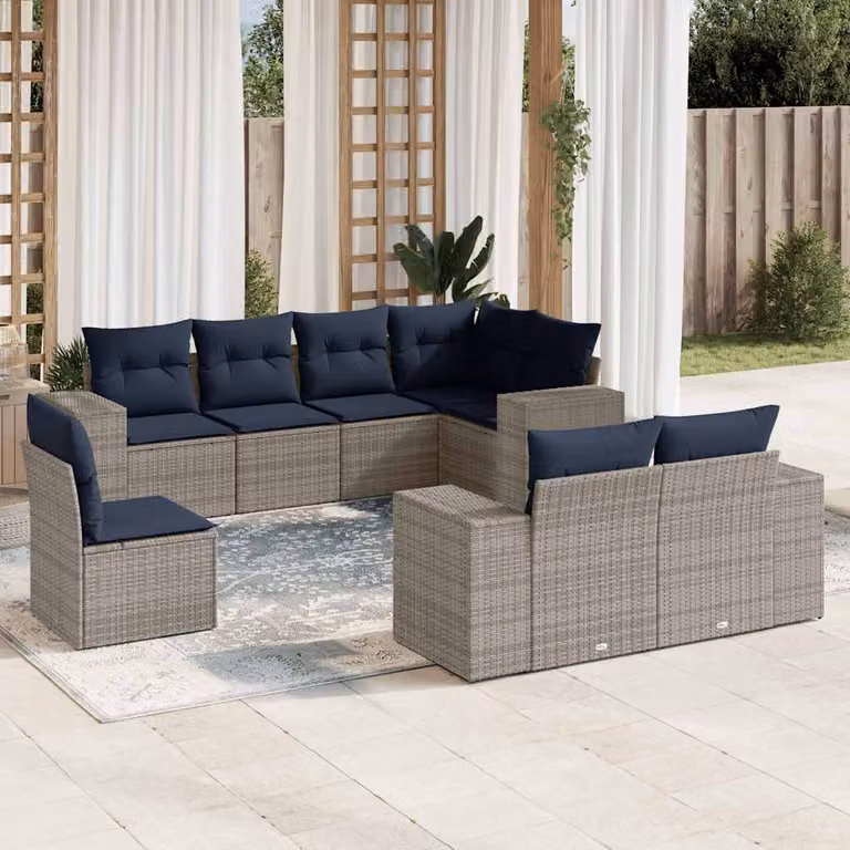 Set di divani da giardino vidaXL 8 pezzi in polyrattan grigio con cuscini imbottiti e coperture rimovibili