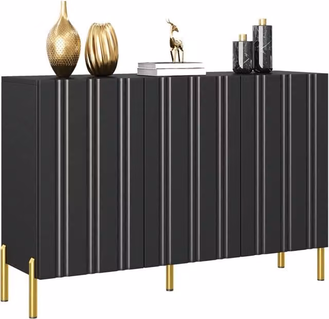 Sideboard e Scarpiere 2-in-1, 3 ante con scanalature verticali, ripiani regolabili, piedi in metallo oro, cerniere ammortizzate, truciolare e MDF