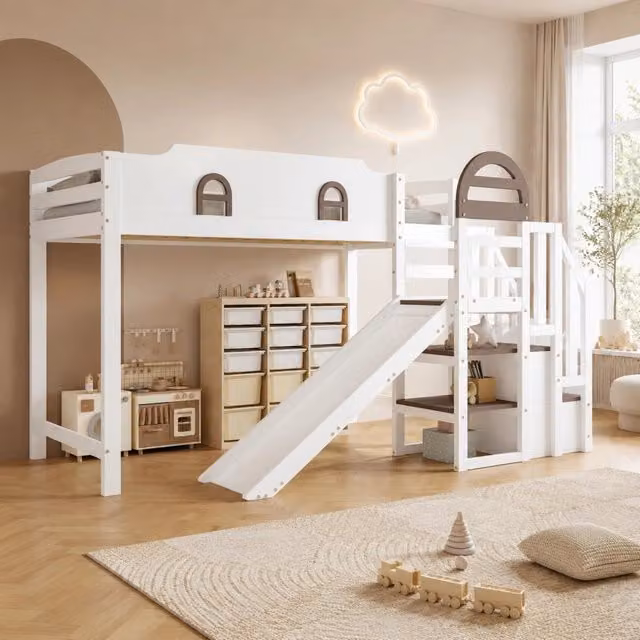 Letto a castello per bambini con finestra e scivolo; 90x200 cm; bianco