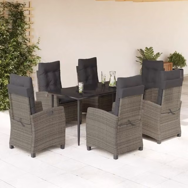 Set da Pranzo da Giardino VIDAXL in Polyrattan e Vetro con 7 Pezzi, Colore Grigio e Nero