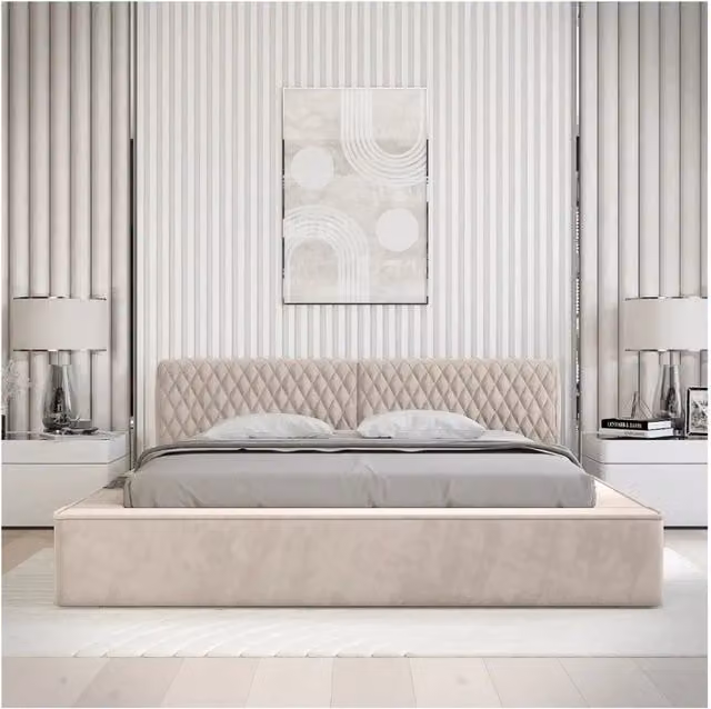 Lettino VERNON Meublorama in tessuto bouclé color sabbia rosata con rete sollevabile L/P: 160 x 200 cm – 1
