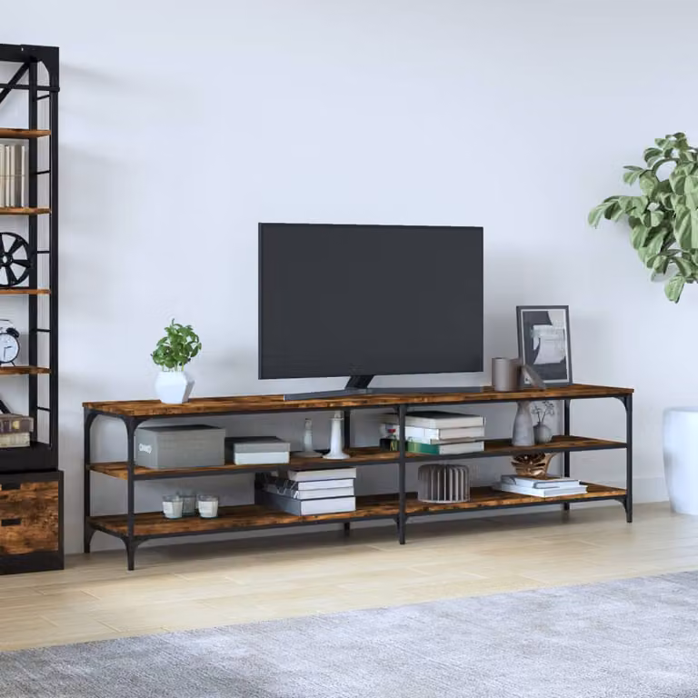 Mobile TV vidaXL in stile industriale in legno rovere fumo e metallo con ruote L 200 cm x P 30 cm x H 50 cm