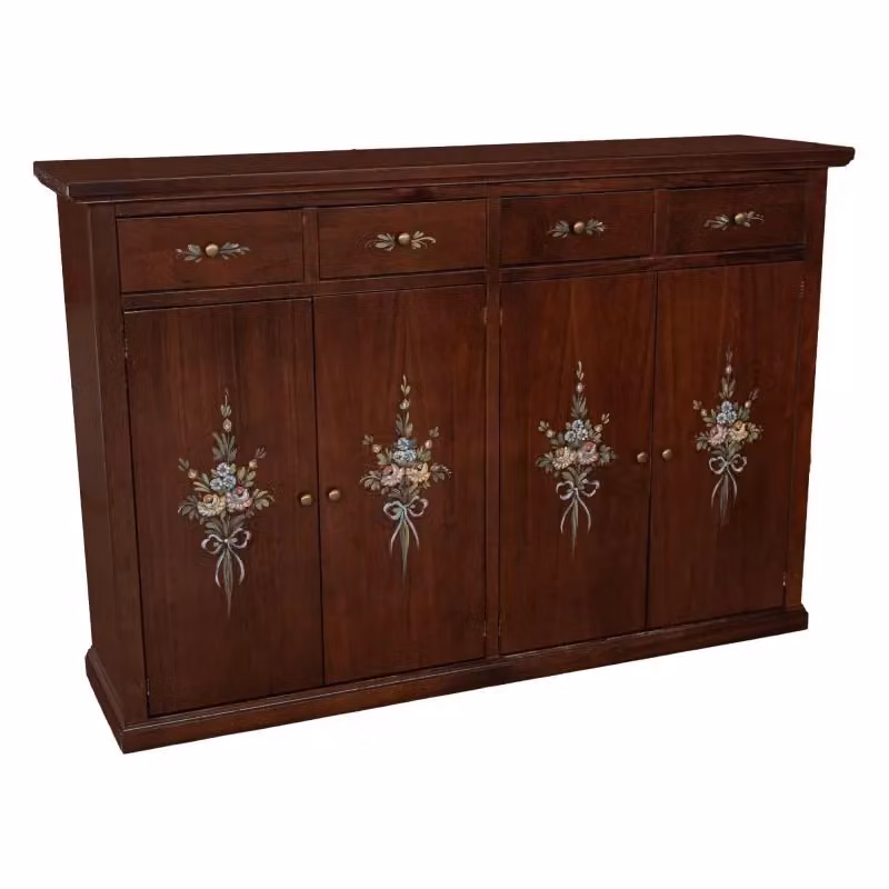 Madia credenza Mobili 2G in legno con 4 porte e 4 cassetti decorazione floreale tinta noce L: 160 cm, P: 35 cm, H: 110 cm – 1