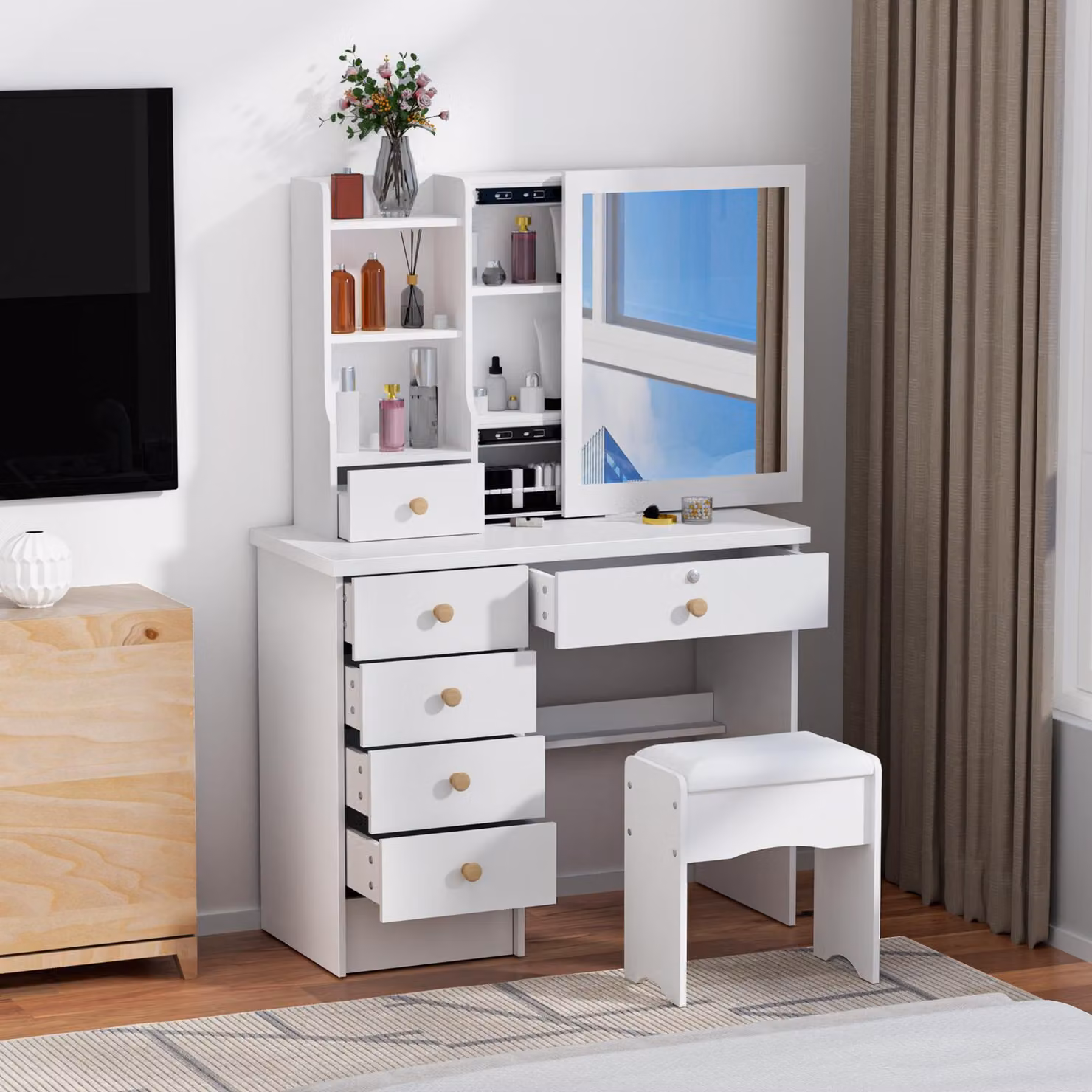 Comò con specchio scorrevole e 6 cassetti - Larghezza 80 cm - Mobile per camera da letto