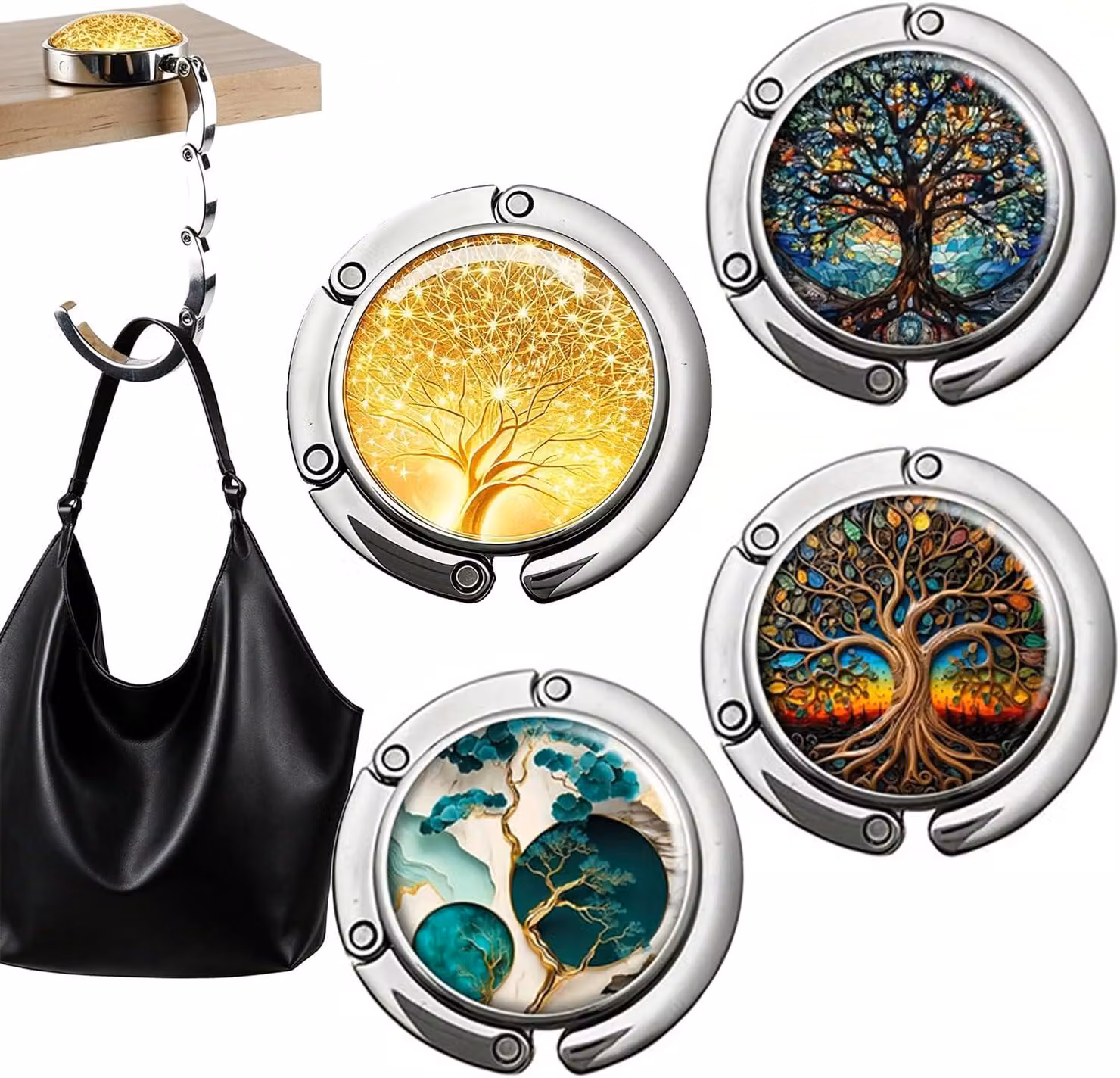 Ganci da parete pieghevoli, in metallo, confezione da 4 pezzi, con custodia, colore nero, per la cucina