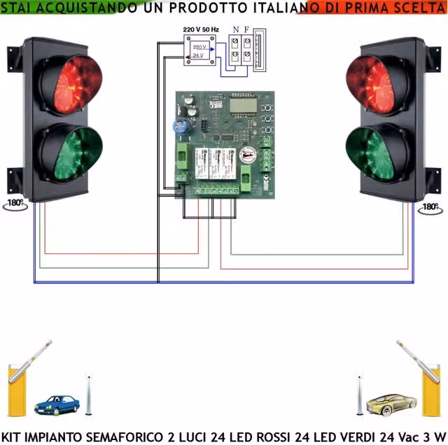 Kit Semafori per Parcheggio Securvera con 2 Luci Orientabili Rossa e Verde, 48 LED, Grado di Protezione IP65, Alimentazione 24 VAC e Centrale con Funzioni Cicliche Regolabili