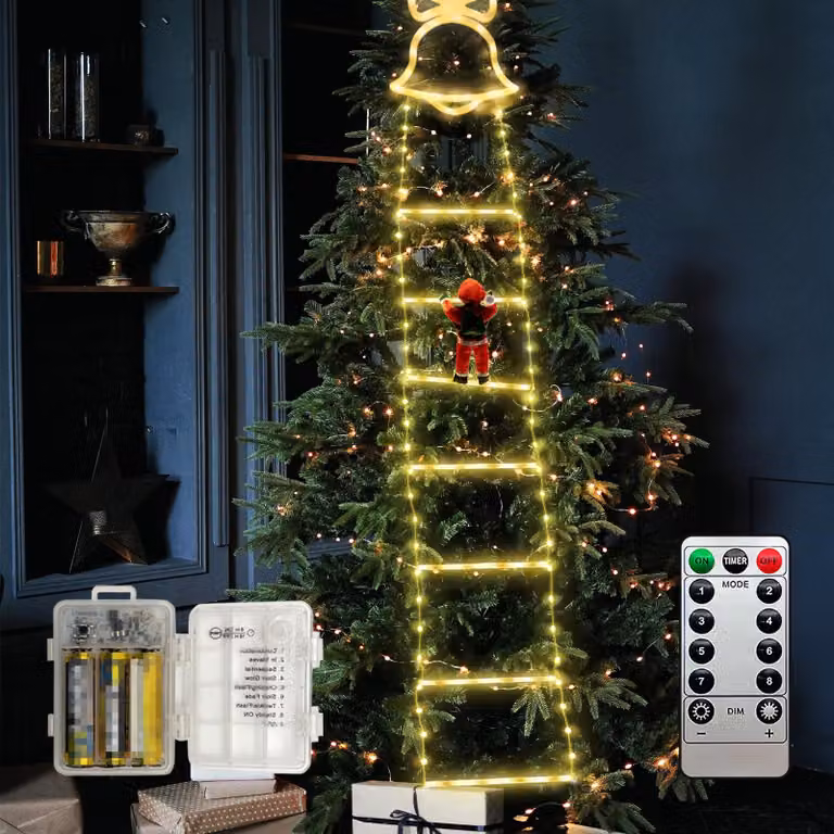 Scala decorativa a LED con Babbo Natale, 2 metri, 136 LED, luce bianco caldo, alimentata a batteria