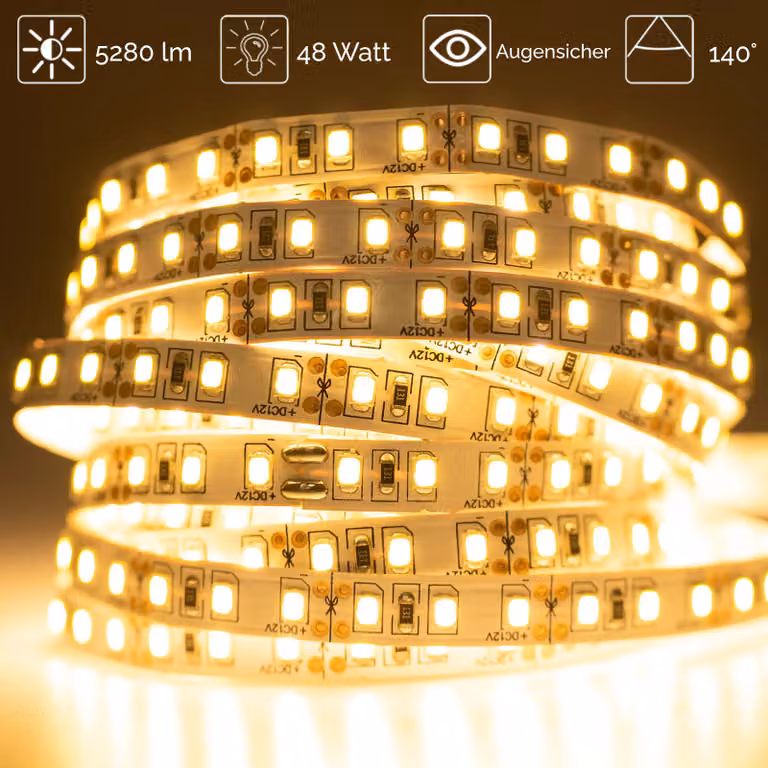 LUMILED Striscia LED 5M 600 LED 12V Bianco caldo 48W Striscia LED SMD Striscia LED IP33 5280 lm Striscia luminosa autoadesiva per uso interno Decorazione casa camera da letto, senza alimentatore