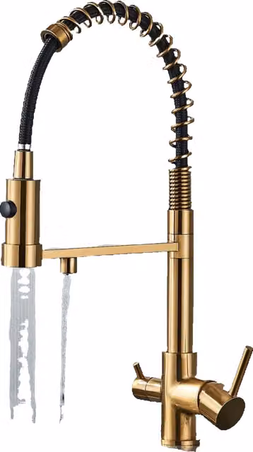 Miscelatore da cucina Klarwerk in acciaio inossidabile oro con filtro a 3 vie per acqua osmosica e funzione spray, rubinetto professionale ruotabile a 360°