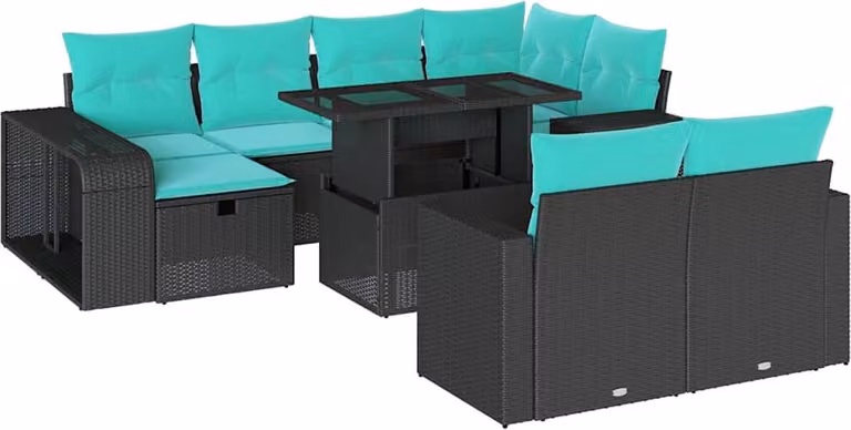 set di divani da giardino da 11 pezzi con cuscini, in polyrattan nero