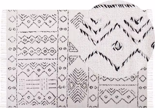 Tappeto Beliani in lana e cotone con motivo geometrico moderno e vintage, bianco e nero, L: 230 cm, P: 160 cm