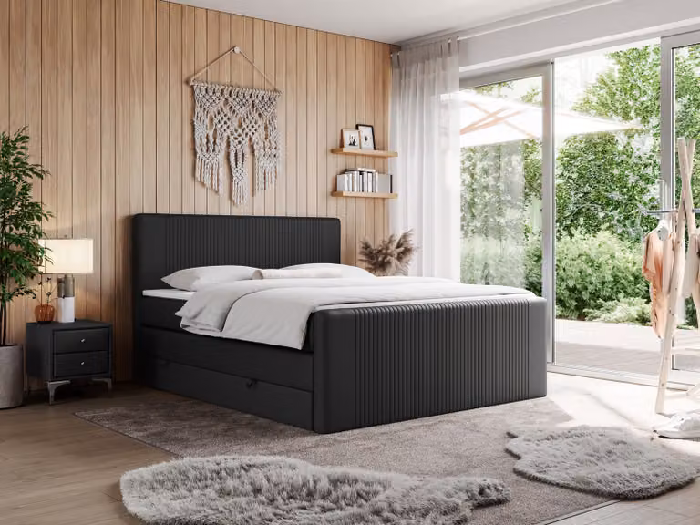 Letto con boxspring, matrimoniale, con materasso a multipocket e due contenitori laterali - KING DOREN - 160x200 cm - Nero - Altezza 40 cm