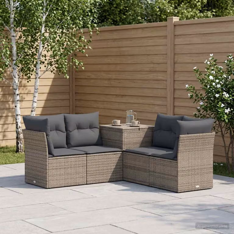 Set di divani da giardino vidaXL a forma di L in polyrattan grigio con cuscini inclusi