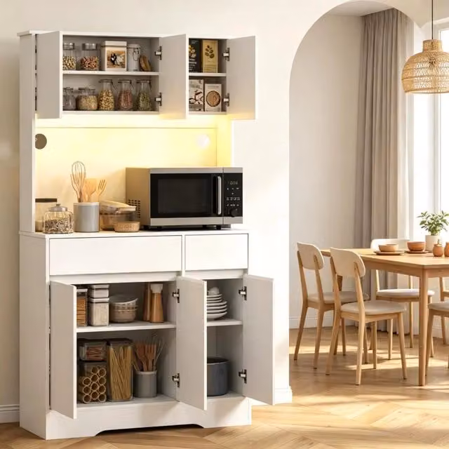 Buffet da Cucina alto bianco con illuminazione LED RGB, piano di lavoro, 6 ante e 2 cassetti, mobile portaoggetti
