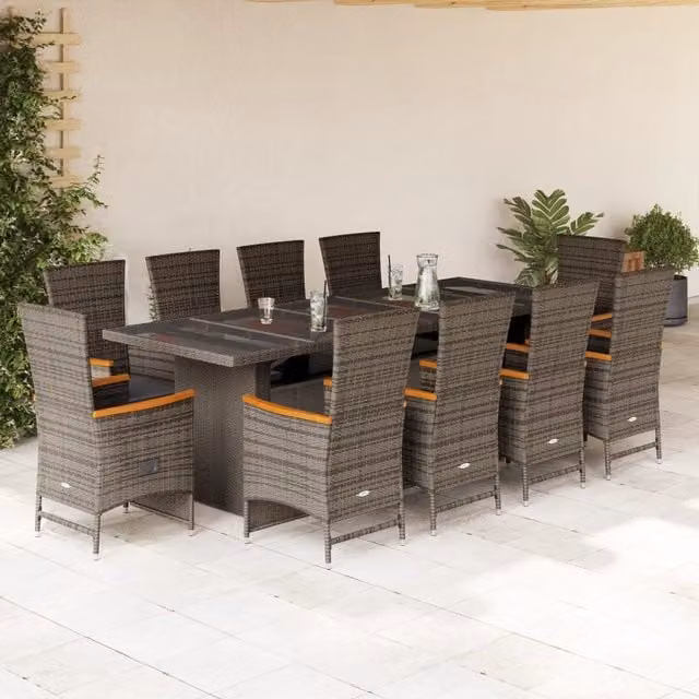Set da pranzo da giardino vidaXL in polyrattan grigio con cuscini e tavolo in legno di acacia e vetro, 11 pezzi