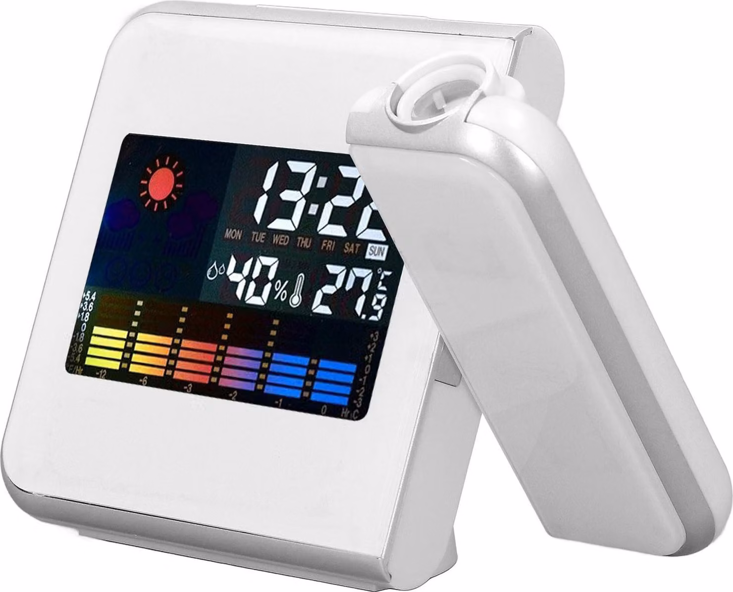 Stazione meteorologica, orologio, temperatura, umidità, display LCD a colori, retroilluminazione a LED, funzione snooze, sveglia con proiezione, bianco, senza cavo