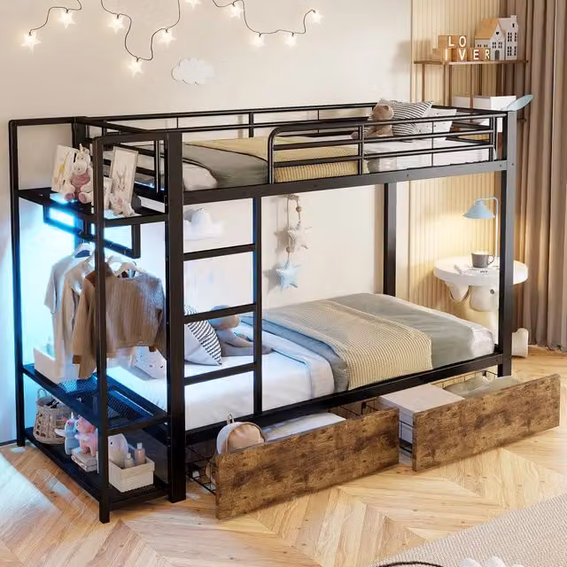 Letto a castello a 2 posti 90 × 200 cm con 2 cassetti, ripiani e LED regolabile, senza materasso, metallo nero