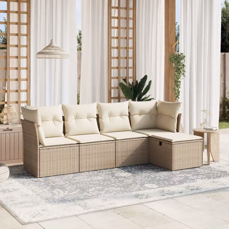 Set Divano da Giardino vidaXL 5 pz a Forma a L con Cuscini Beige e Struttura in Metallo e Polyrattan