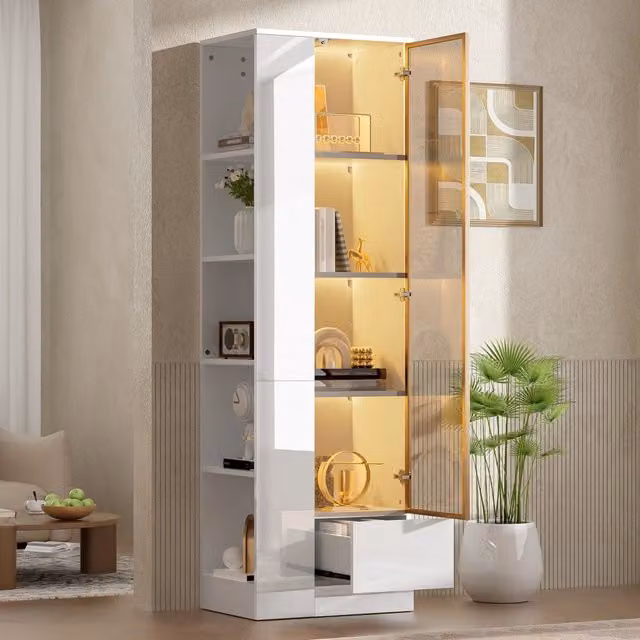 Vetrina bianca con anta in vetro; 50 x 35 x 160 cm; LED regolabile e cassetto; pannello truciolare lucido