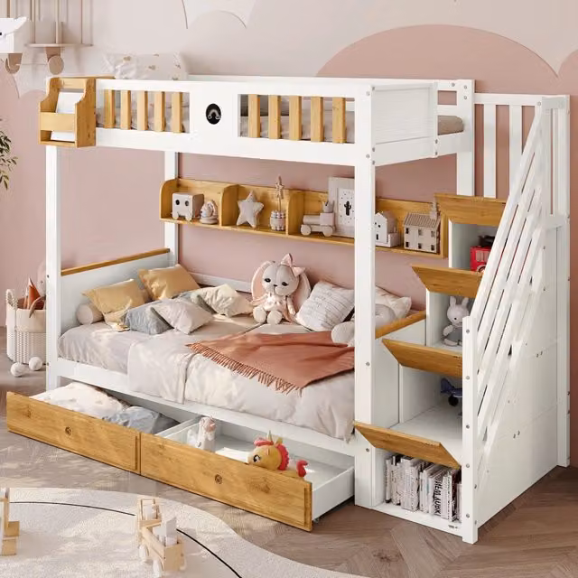 Letto a castello Mivray per bambini in legno bianco e pino con scala contenitore, cassetti e lavagna, L/P/H: 200 x 90 x 170 cm