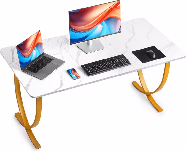 Scrivania per computer - Scrivania da ufficio - Piano del tavolo 160 x 80 cm - Robusto telaio in metallo - Capacità di carico 158 kg - Scrivania moderna - Per l'ufficio domestico - Bianco/oro