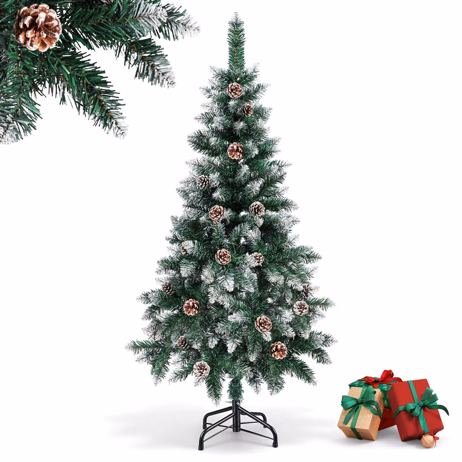Albero di Natale artificiale Ikodm, altezza 150 cm, con 300 punte in PVC, abete con supporto, albero di Natale artificiale con pigne e decorazioni a effetto neve, colore verde