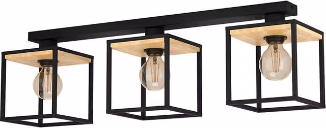 Plafoniera Industrial Eglo Libertad con 3 Luci in Metallo Nero e Legno Marrone