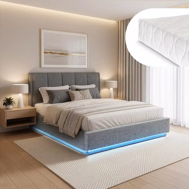Letto Matrimoniale Contenitore Tröstiar a Luce LED con Materasso 160x200 cm - Effetto Lino Antracite [en.casa]